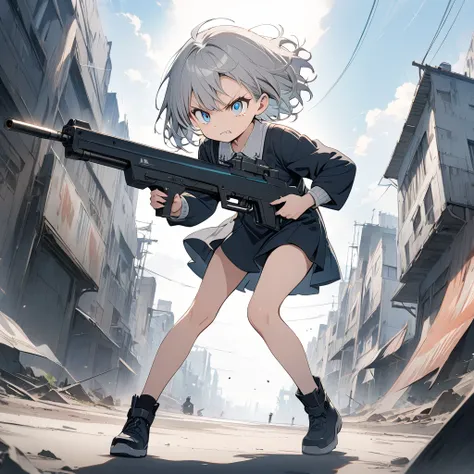 Masterpiece, high quality, detailed background, anime, petite, full body, beautiful face, long eyelashes, fair skin, blue eyes, thin legs, gray hair, black tights, slit eyes, holding gun, big eyes, near future, science fiction, angry face, fighting