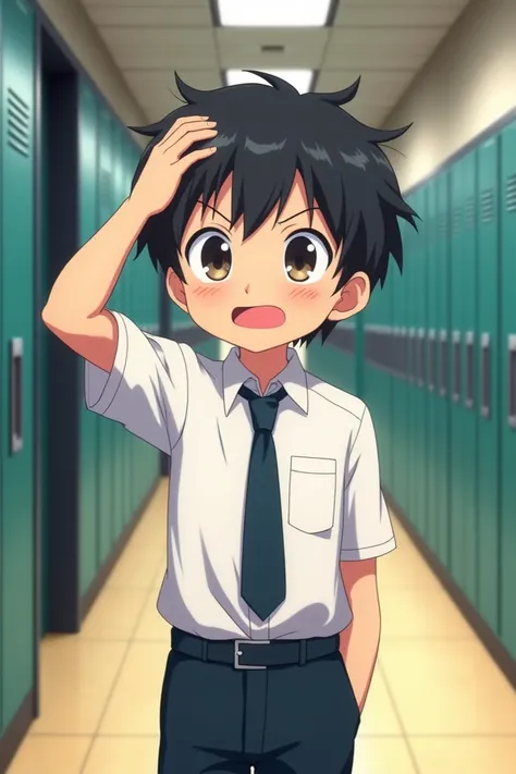 Anime, boy in school uniform with an expressive face scratching his head near the school corridor 