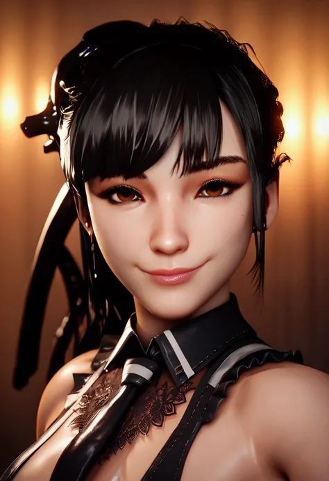 Eve,brown eyes,black hair,bangs and ponytail, black suit,black tie,black boots, looking at the viewer, small smile, clear landscape, natural lighting, the best possible quality, (score_9,score_8_up,score_7_up), source_3D,best quality,masterpiece