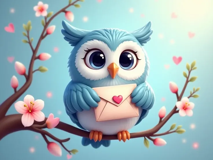 Make a logo with the design of an enchanting owl with big expressive eyes,  similar to the one in the provided image ,  with soft shades of blue and white in its feathers .  The owl is delicately holding a letter with its feet ,  with the envelope decorate...