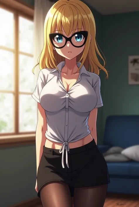 screenshot of my hero academia, light blonde hair,  bright blue eyes, (((oversized cat-eye glasses))), The shirt tied at the waist revealing her slim and curvy waist, slim with huge breasts, ((huge sexy breasts)), at home, with his cold gaze, wears a skirt...