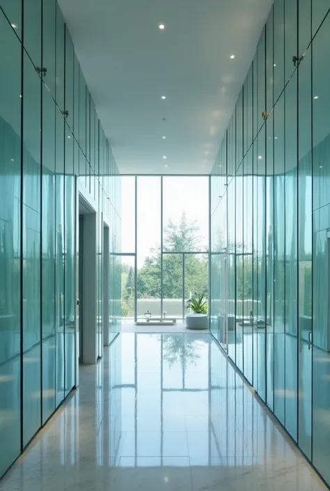 Glass mirror wall consisting of connected beveled mirrors placed side by side without any gaps