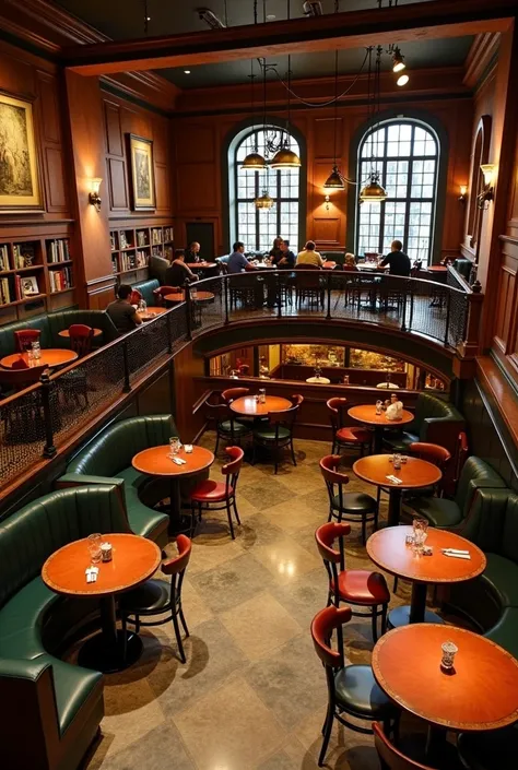 You have the L-shaped second floor of an England-inspired cafeteria where diners sit two by two at the tables attached to the railings to watch the jazz show on the first floor,  the tables are round and the cafeterias color palette ranges from brown, Navy...