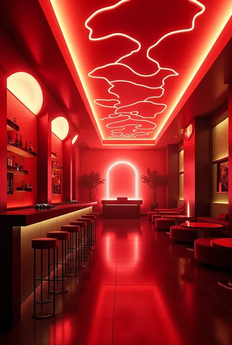 Futuristic night club, luxurious, unique ceiling design, ambient lighting, realistic, one story building, warm red color palette, dj booth as center piece, vip section, speakeasy