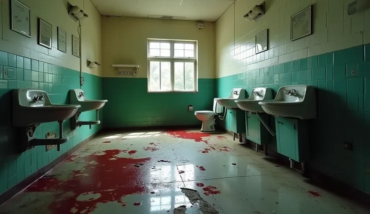  School bathroom with broken floors and faded blood marks, a tragic story being suggested by stains on the floor 