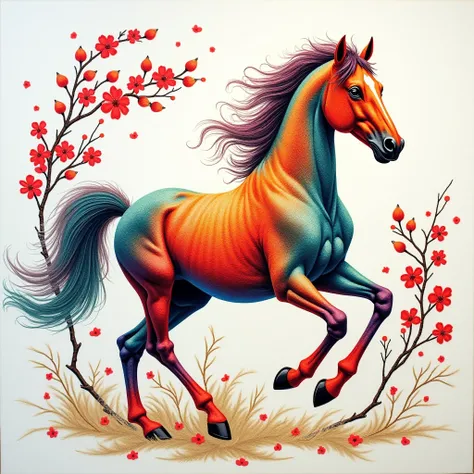  An embroidery work with a front-facing galloping colorful horse as the main feature，In the sun，Good lighting， The four horses are full of dynamics and vitality。 The horses body is composed of embroidery lines of various colors， The colors are rich and bri...