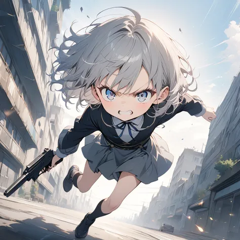 Masterpiece, high quality, detailed background, anime, petite, full body, beautiful face, long eyelashes, fair skin, blue eyes, thin legs, gray hair, black tights, slit eyes, holding gun, big eyes, near future, science fiction, angry face, fighting