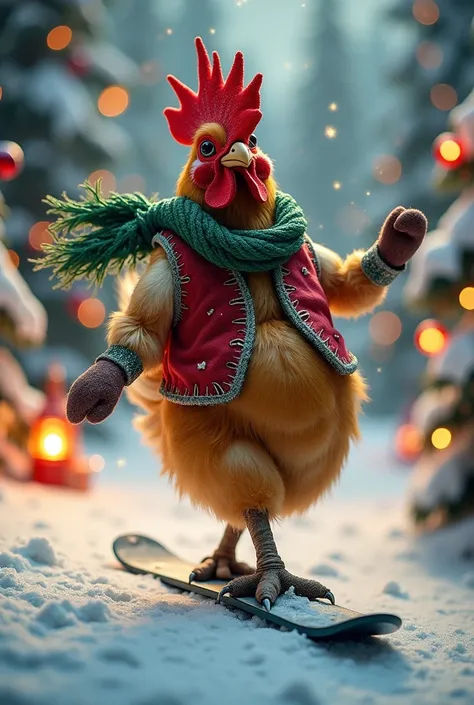 Un coq anthropomorphique majestueux et élégant dévale une pente enneigée sur un snowboard, exécutant une pose stylée avec une maîtrise impressionnante. Il porte une tenue de Noël festive et détaillée : un gilet en laine rouge brodé de motifs dorés et blanc...