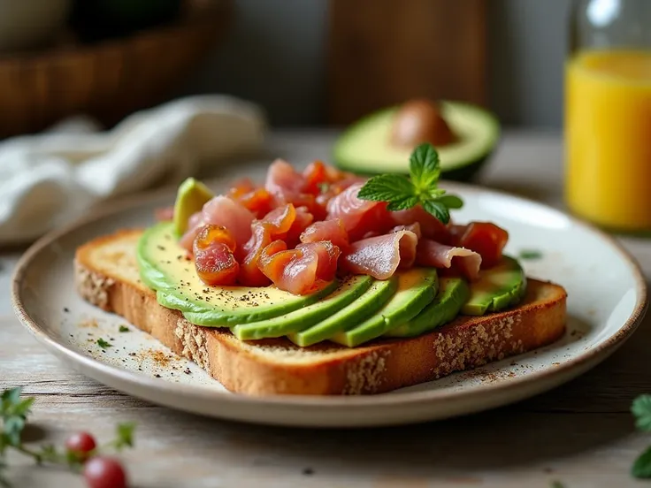 a plate of wholemeal toast with avocado and natural game