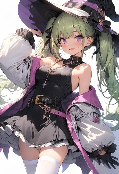 (masterpiece),(best quality),(ultra-detailed),(best illustration),(best shadow),(detailed background), 1girl, solo, hat, gloves, thighhighs, witch-hat, long-hair, black-gloves, green-hair, simple-background, belt, white-thighhighs, twintails, purple-eyes, ...