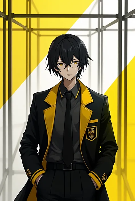 School  in black pent and white shirt and tie lines black and yellow and black coat and hair black