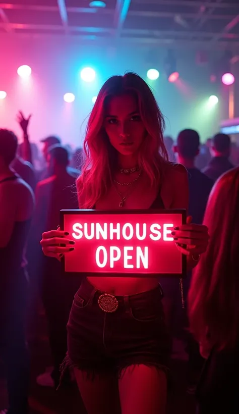 
“A vibrant nightclub scene with a stylish young woman holding a glowing sign that says ‘Sunhouse is open.’ The woman is dressed in trendy party attire, illuminated by colorful club lights and surrounded by a lively crowd. The atmosphere is electric, with ...