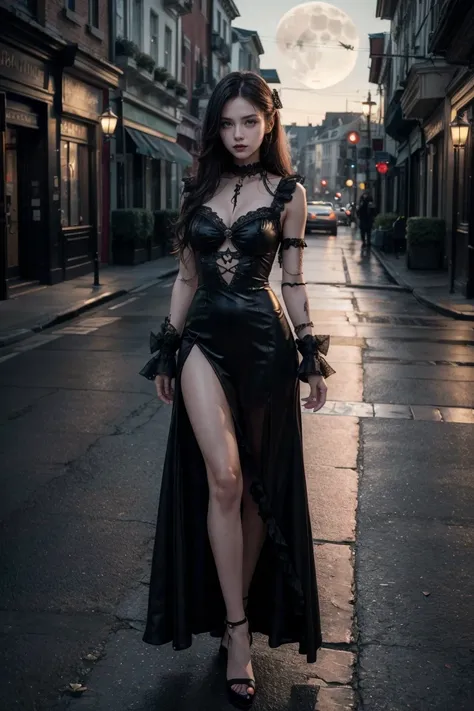 (masterpiece, best quality, the most important work), perfect anatomy, anatomically correct, ideal female body, BREAK, Female Fashion Model in (gothic dress, cross, rose:1.2), The Ultimate Beautiful vampire Girl, (full body), street at night, moon, Hallowe...