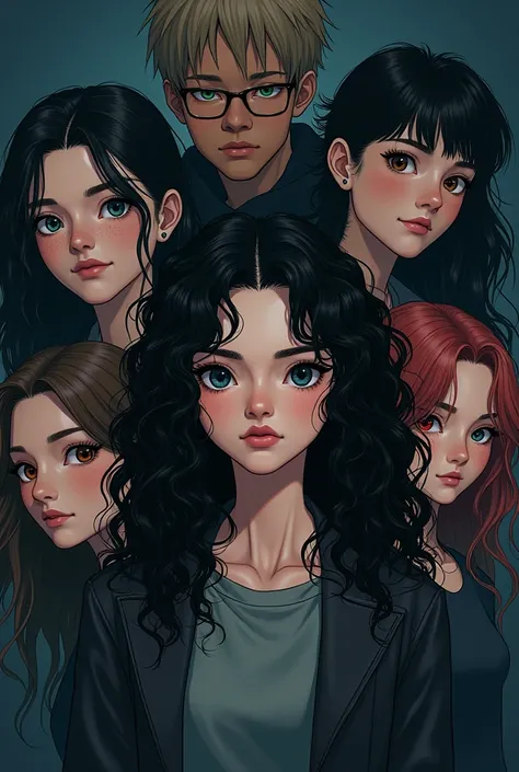 Manga dark cover
5 people
Protagonist: bright black-eyed curly black long hair girl, book writer
Love of protagonist: girl straight black hair blue ice eyes, Peasant woman
Bff protagonist: brunette boy with freckles
Bff2 protagonist: girl rosy hair with ba...