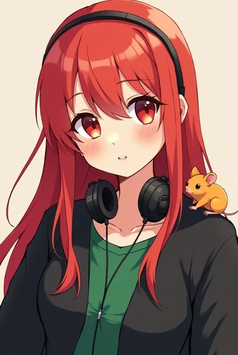 anime Fe,  long straight red hair, human-colored skin ,  a small orange mouse on his shoulder, black sweater, And green shirt, and black headphones  ,For profile