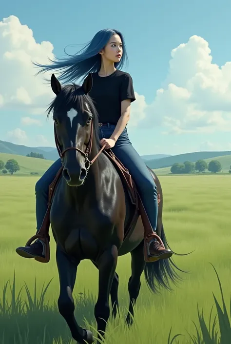 An eighteen year old girl, long blue hair, blue eyes, pale skin, wearing black jeans and a t-shirt, riding a black horse in the fields, the girl being focused on something, realistic 
