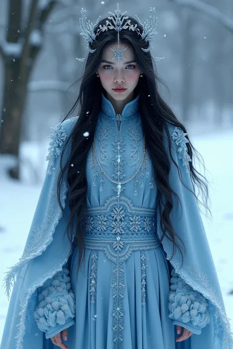 Create an image of a character for my role-playing campaign that is half an ice dragon but in human form, with blue skin, black hair, and cold clothes.