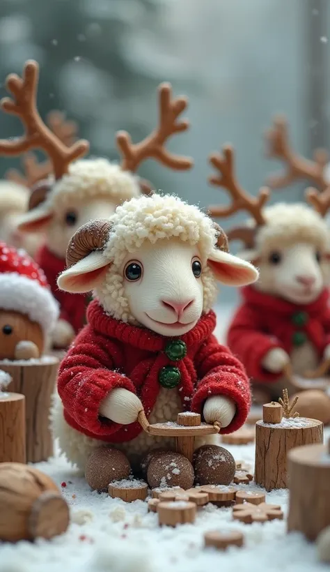 little sheep dressed in red Christmas clothes, making wooden toys, and in the background of the image some reindeer with reinforced antlers. realistic image, full hd, 4k.