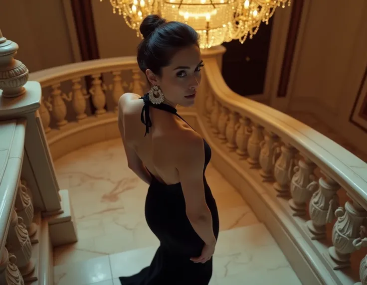 The image features a woman elegantly descending a grand marble staircase in an old mansion. She is wearing a black, sleek evening gown with a halter neckline and a daringly low back. Her dark hair is pinned up in a chic bun. The shot is taken from above, s...