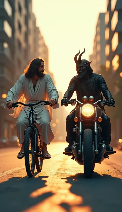  In a unique and surprising scene , jesus Cristo e Satanás se encontram lado a lado,  each one in their characteristic vehicle ,  staring intently at the camera in a moment of confrontation and duality . jesus, on his bike ,  personifies simplicity and hum...