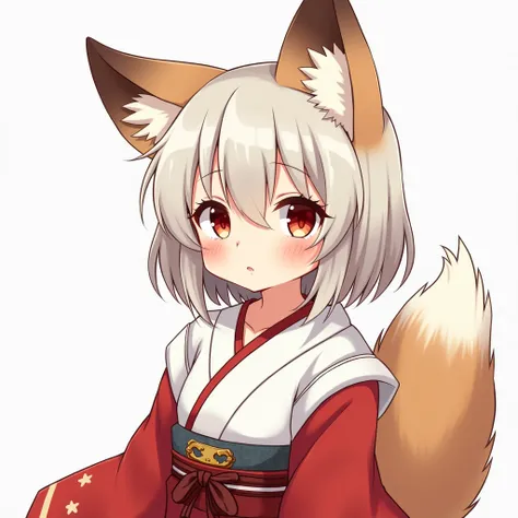 Extrêmement détaillé, style kawaii et animé, belle jeune fille renard au cheveux blanc, oreilles de renard blanc, une queue de renard blanc, vêtements traditionnels japonais de teinte rouge et blanc, expression rusée, pupilles de renard