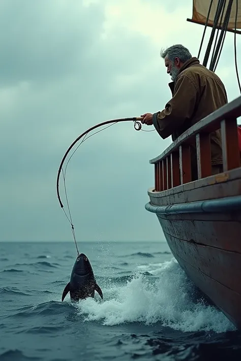 A fisherman on a ship with his curved rod thrown into the sea making the force to pull it out with the realistic fish caught