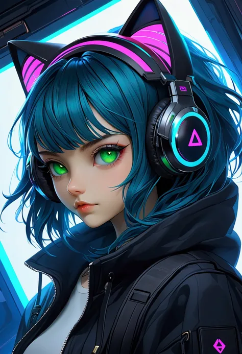   black hair,   surrealism, 8k,   Of super details with cat ear headphones, green eyes and blue hair  ,   the background of the photo has RGB colors and cyberpunk   