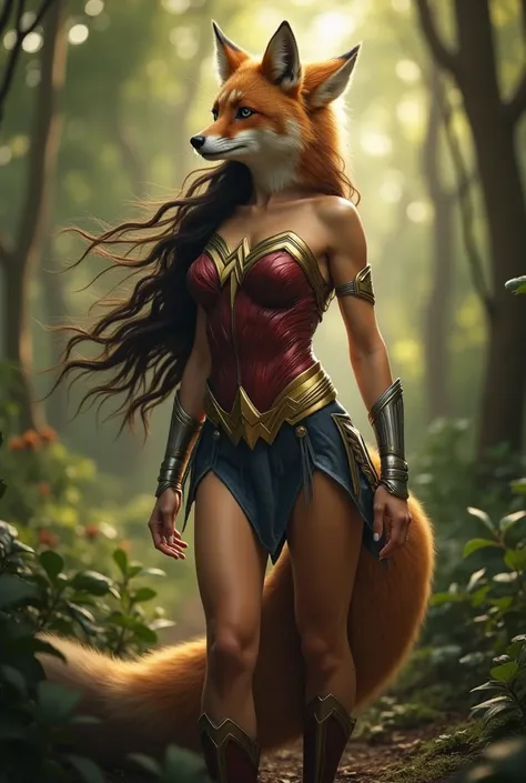 Create an ultra realistic image of Wonder Woman fused with a fox. The head is of a fox with feminine features and the body is covered with fox hair, a mixture of the two.. The setting is a forest. 