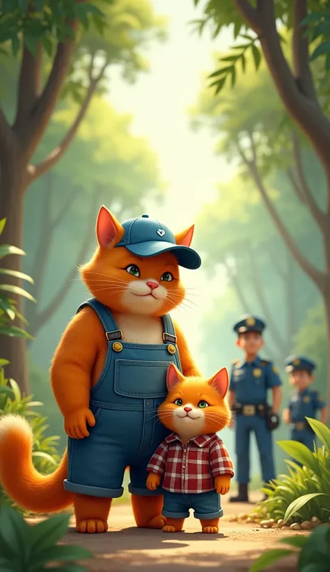 A heartwarming digital illustration of Daddy Cat and Son Cat standing side by side in a lush jungle. Daddy Cat is a large, fat orange cat with a fluffy tail, wearing a blue baseball cap and overalls. He smiles warmly at Son Cat, a smaller orange cat wearin...