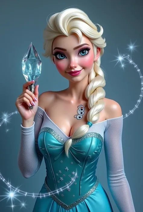 Rakul Preet Singh plus size Busty curvy 40yo Woman with large natural breasts cosplaying sexy latex bdsm Elsa from frozen exposing one breast with a seducing smile holding a large crystal vibrator and a fierce whip with a small tattoo of a snowman on her l...