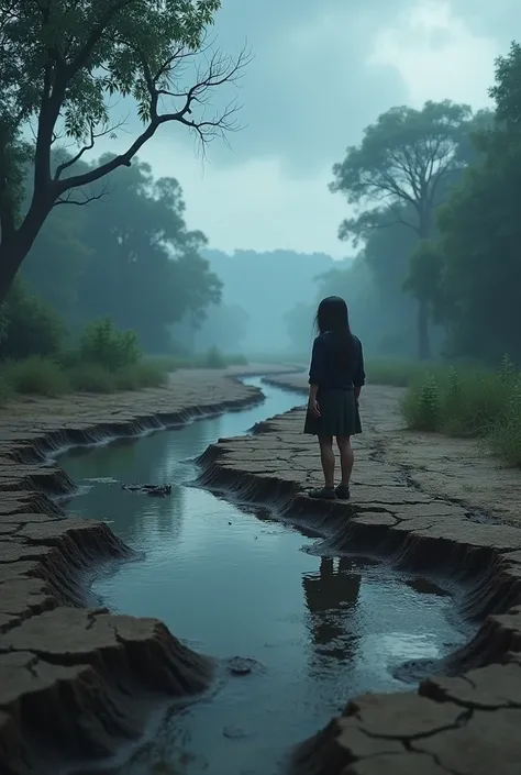 A dramatic scene showing the river starting to dry up. The once vibrant waters now appear thin and murky, with cracks starting to form on the riverbed. Luna stands at the edge of the river, looking worriedly at the shrinking water. The trees around her are...