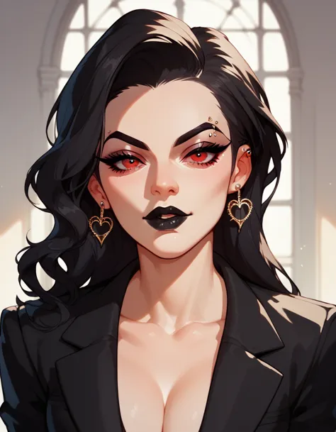 mafia, long black hair with elastic, eyebrow piercing, scarlet red eyes, black lipstick,  long lashes, black suit