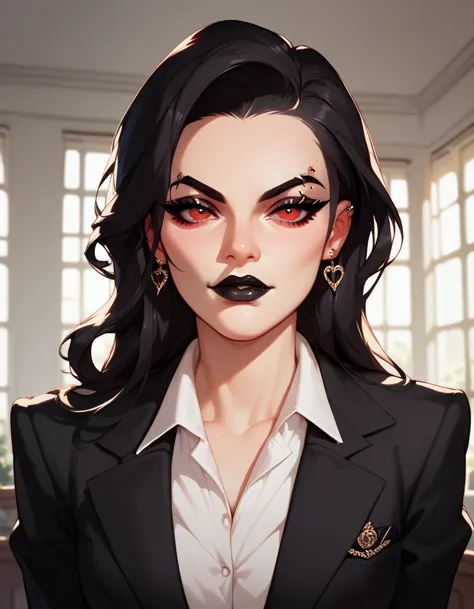 mafia, long black hair with elastic, eyebrow piercing, scarlet red eyes, black lipstick,  long lashes, black suit