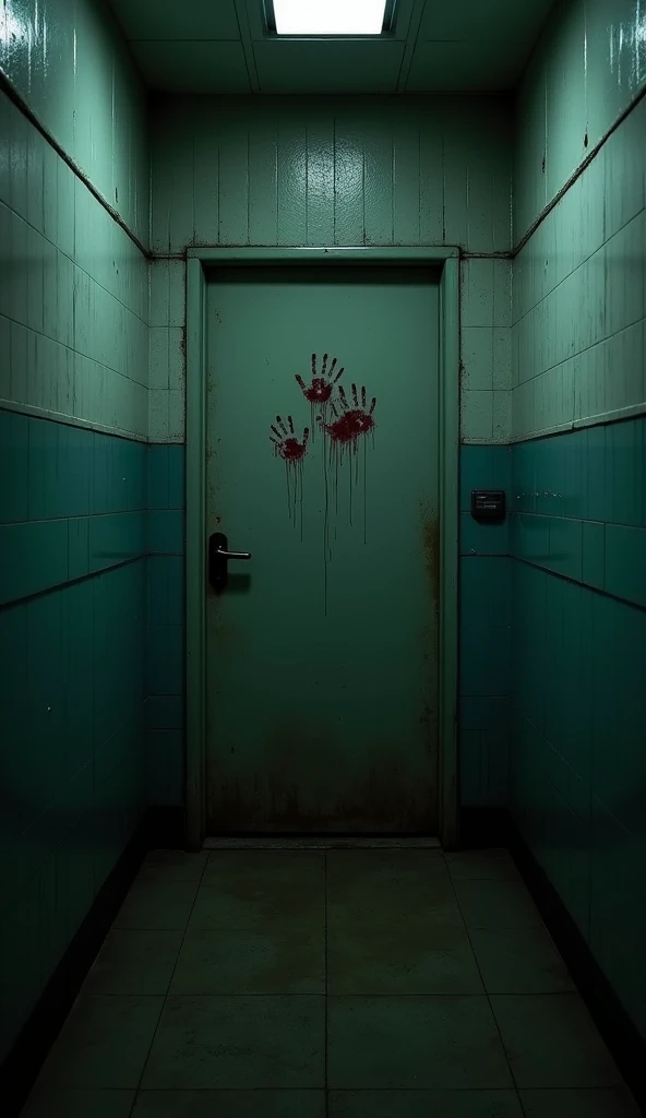 School bathroom door with hand marks,  dark environment and a suspense vibe,  as if something were about to happen 