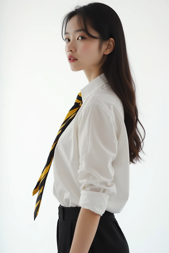 A girl in a white dress shirt with a black and yellow striped tie and posing sideways with a white background