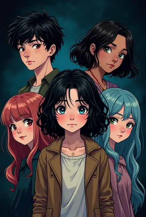 Manga dark cover they are gen z techno 
5 people
Protagonist: bright black-eyed curly black long hair girl, book writer
Love of protagonist: girl straight black hair blue ice eyes, Peasant woman
Bff protagonist: brunette boy with freckles
Bff2 protagonist:...