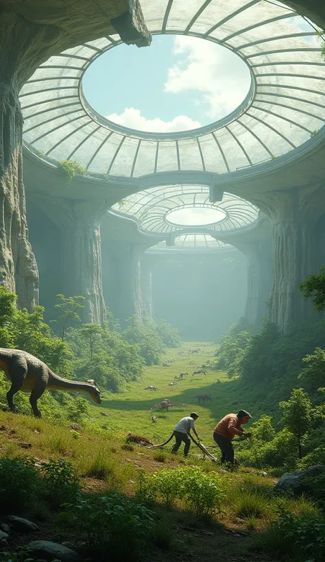 "Enclosed farmlands protected by massive transparent domes, farmers working safely inside as dinosaurs roam outside." --ar 9:16