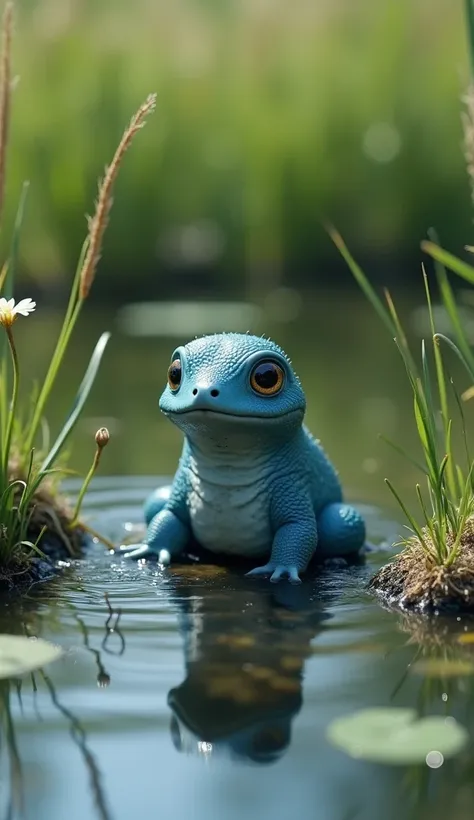  A realistically presented Schiggy Similar creature ,  that looks like a small scroet .  Its body is smooth and blue ,  with a natural ,  textured scrotshell look .  The creature sits at the edge of a small ,  peaceful pond ,  surrounded by lush grass and ...