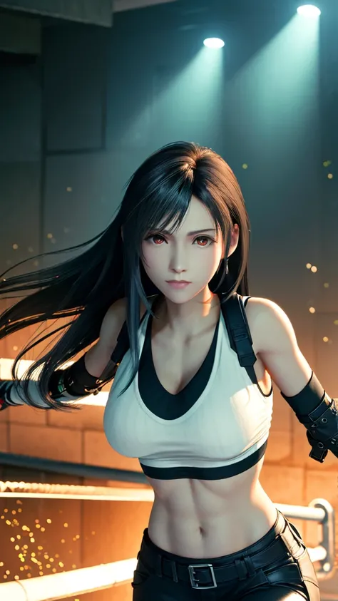 8k,masterpiece,  highest quality , (1 person:1.5), Tifa lockhart, red_eye,  black hair,  long hair, shiny sweat, (( highest quality )), sharp focus: 1.2,  Highly detailed face and skin texture, detailed eye,  perfect face ,  perfect body, CG, Huge breasts,...