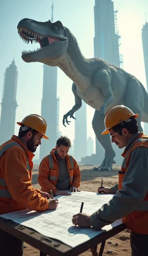 "Engineers drafting blueprints for reinforced skyscrapers, as a massive dinosaur walks by in the background." --ar 9:16