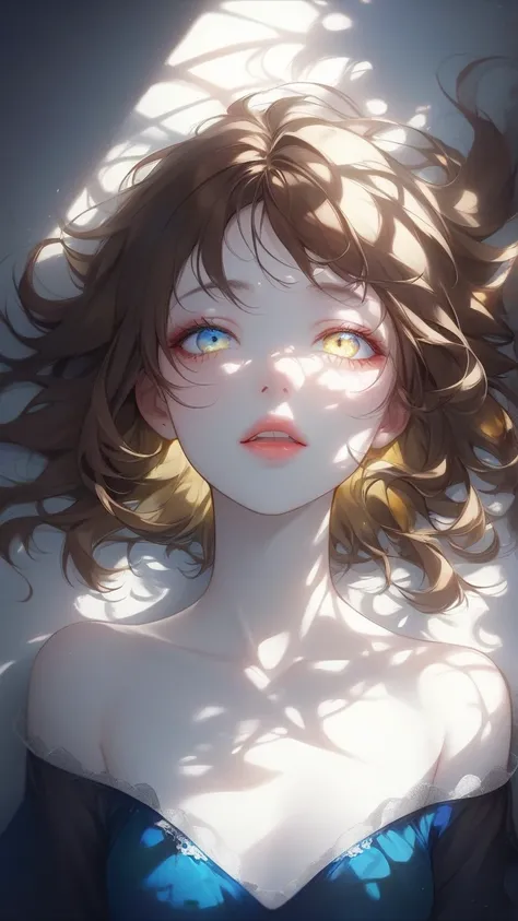 dark,caustics,colorful,gorgeous light and shadow,full body,
The girls pale skin,her lips are slightly open to reveal her teeth,and her (blue and yellow eyes) eyes are blur and dreamy. mottled light and shadow,portrait,brown hair,side face,  