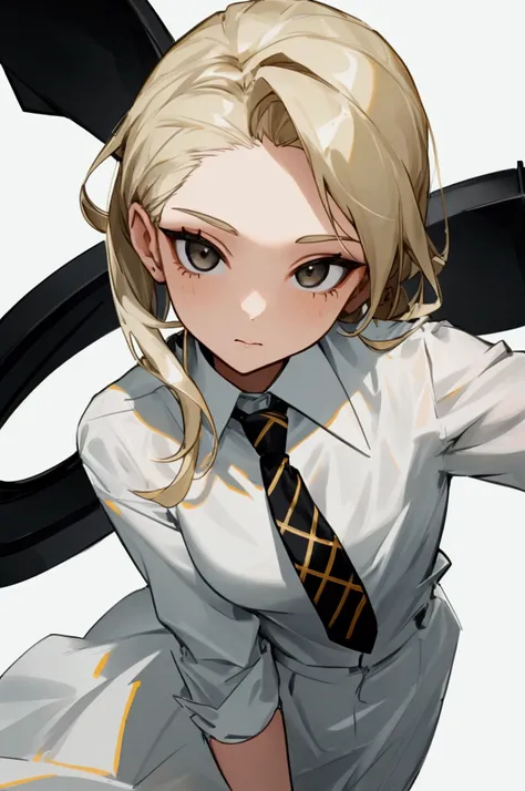 A girl in a white dress shirt with a black and yellow striped tie posing sideways on a white background 