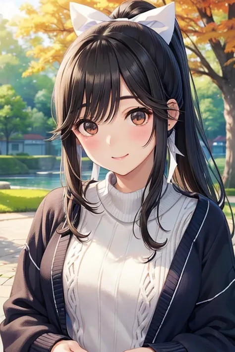 Takane Manaka、  shiny brown long hair、 ribbon ponytail、 beautiful brown eyes 、smile、Sparkling Eyes, (fine grain)、 Highly Detailed Eyes、非常に detailed face ,  Highly Detailed Eyes, masterpiece,  best quality,  high definition , ( best quality,masterpiece:1.2)...