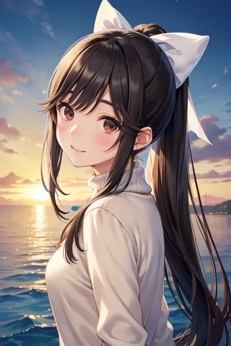 Takane Manaka、  shiny brown long hair、 ribbon ponytail、 beautiful brown eyes 、smile、Sparkling Eyes, (fine grain)、 Highly Detailed Eyes、非常に detailed face ,  Highly Detailed Eyes, masterpiece,  best quality,  high definition , ( best quality,masterpiece:1.2)...