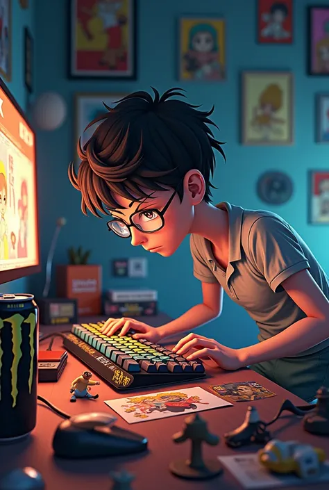 Generate mad anime skinny nerd wearing glasses. He fixing his anime painted keyboard, next to him stay monster drink in the background he got a lot of anime photos on the wall and his dad coming into his room at military outfit giving him new keyboard gift...