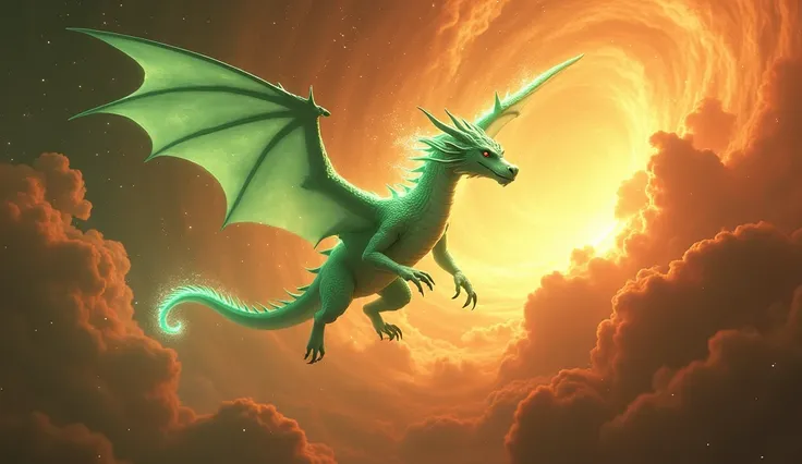 Light green dragon flying through a burning nebula