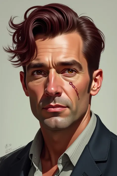  Create a realistic portrait of a middle-aged man,  that meets todays beauty standards . He has burgundy hair ,  honey-colored eyes and a small scar on his lip 