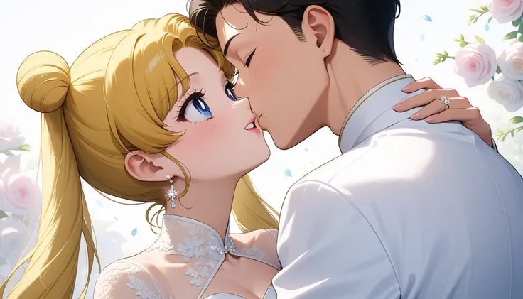 ((Highest quality)), ((masterpiece)), (detailed), （Perfect Face）、The woman is wearing a gorgeous and gorgeous wedding dress, an Ao Dai, embroidered with gold, gorgeous jeweled accessories and an engagement ring, and is embracing a chiba mamoru man, kissing...