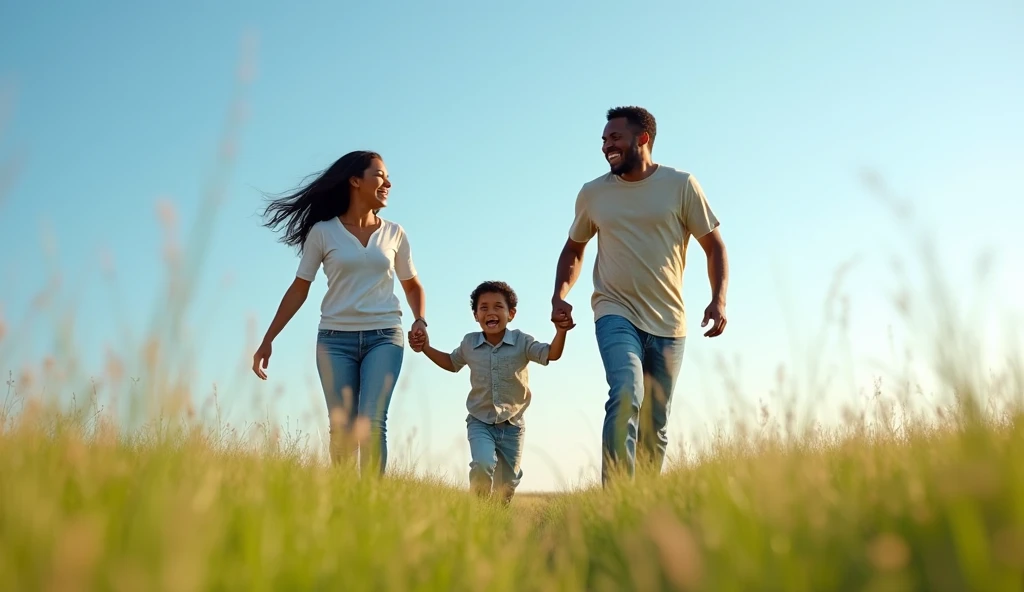 "The same young boy running through a grassy field with his parents (a mother with medium brown skin and long black hair, and a father with fair skin and short black hair). They are laughing together under a bright blue sky. The image conveys joy and vital...