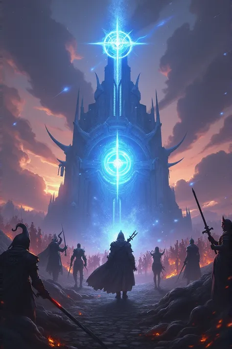  “An epic battle on a divided field Through Light and Shadow . in the center,  a bright blue symbol floats on a mystical altar , radiating divine energy .  Eight heroes from different races and kingdoms are represented :  a human knight in gold armor ,  an...